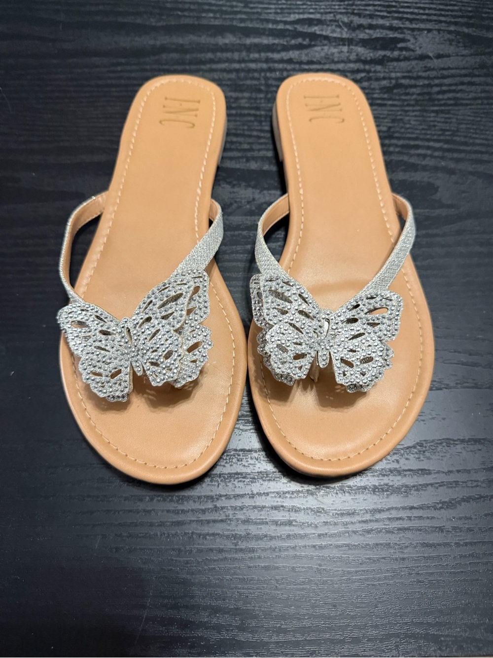 INC International Concepts Tan Sandals with Silver Butterfly Accents